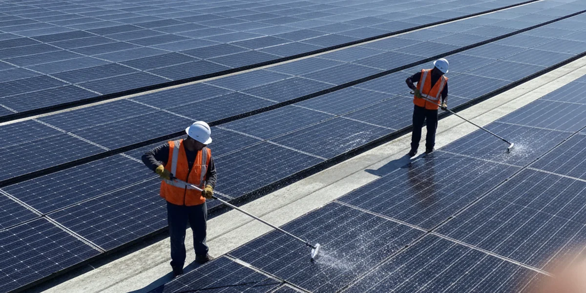 Large commercial rooftop solar array being cleaned in the San Mateo area